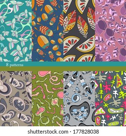 Abstract floral vector a set of 8 background.Seamless patterns for nice summer backgrounds in cartoon style.Sale of cute patterns.Pattern can be used for wallpaper pattern fills surface textures.