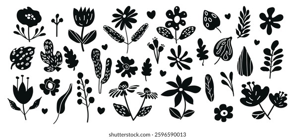 Abstract Floral Vector Set. A collection of black vector silhouettes featuring various flowers, leaves, and botanical cutout shapes. Perfect for decorative stickers and design projects.	
