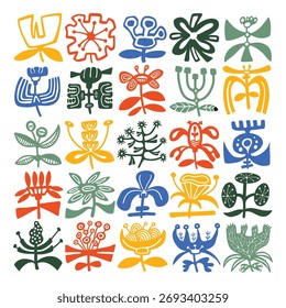 Abstract Floral Vector Set Hand-Drawn Botanical Folk Art Elements	