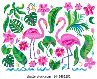 Abstract floral vector set of pink flamingo birds, tropical plants, plumeria flower, hibiscus, palm leaves, water lily lotus isolated on white background.Exotic decorative elements, fairy tale foliage