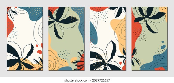 Abstract floral vector shapes, leaves, branch, plants. Set of natural template in doodle style for social media post, cover, poster, stories, background. Modern graphics for business, holiday. 