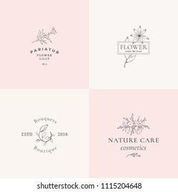 Abstract Floral Vector Signs or Logo Templates Set. Retro Feminine Illustration with Classy Typography. Premium Flower Emblems for Beauty Salon, SPA, Wedding Boutiques, Care Cosmetics, etc. Isolated.