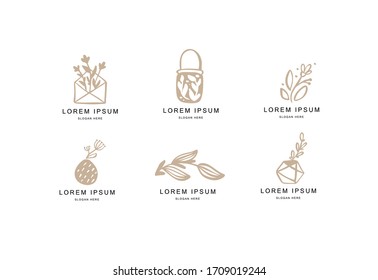 Abstract Floral Vector Signs or Logo Templates Set. Retro Feminine Hand Drawn Illustration Emblems for Beauty Salon, SPA, Wedding Boutiques, etc. Isolated.