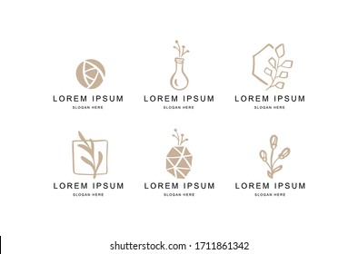 Abstract Floral Vector Signs or Logo Templates Set. Retro Feminine Hand Drawn Illustration Emblems for Beauty Salon, SPA or Wedding Boutiques Isolated.