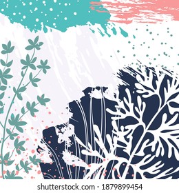 Abstrakte florale Vektorvorlage mit Grunge-Textur, Pflanzen. Trendy Hintergrund für Social-Media-Beiträge, Banner, Tapeten, Cover, Grußkarten, Branding-Design. Natürliche moderne Illustration 
