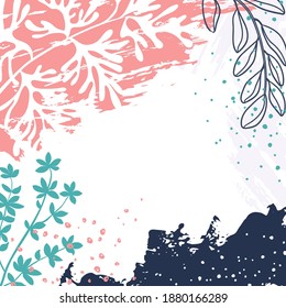 Abstract floral vector template with grunge texture, plants. Trendy background for social media posts, banners, wallpaper, covers, greeting cards, branding design. Natural modern illustration 