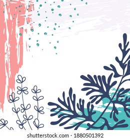 Resumen de la plantilla de vector floral con textura gruesa, plantas. Fondo de moda para publicaciones en medios sociales, banners, fondos de pantalla, portadas, tarjetas de felicitación, diseño de marca. Texturas y elementos gráficos.  