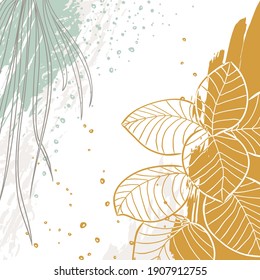 Abstract floral vector template with grunge texture, plants. Trendy background for social media posts, banners, wallpaper, covers, greeting cards, branding design. Natural modern illustration