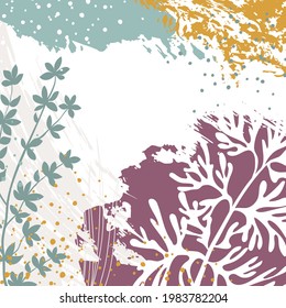 Abstract floral vector template with grunge texture, plants. Trendy background for social media posts, banners, wallpaper, covers, greeting cards, branding design. Natural modern illustration 