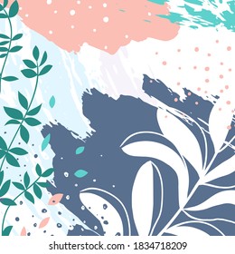 Resumen de la plantilla de vector floral con formas orgánicas, plantas. Fondo de moda para publicaciones en medios sociales, carteles, portadas, tarjetas de felicitación, diseño de marca. Ilustración moderna natural con texturas.