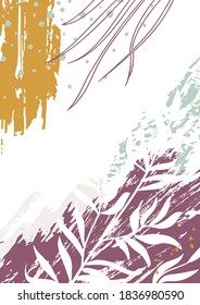 Abstract floral vector template with organic shapes, plants, leaves. Trendy background for poster, flyer, banner, cover, greeting card, branding design. Natural modern illustration with textures