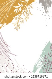 Resumen de la plantilla de vector floral con formas orgánicas, plantas, hojas. Fondo de moda para afiches, volantes, banner, portada, tarjeta de saludo, diseño de marca. Ilustración moderna natural con texturas