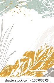 Resumen de la plantilla de vector floral con formas orgánicas, plantas, hojas, manchas, salpicaduras. Fondo de moda para afiches, volantes, banner, portada, tarjeta de saludo, diseño de marca. Ilustración moderna natural