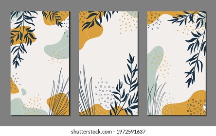Abstract floral vector templates with grunge texture, plants. Trendy backgrounds for social media posts, banners, wallpaper, covers, greeting cards, branding design. Natural modern illustration with t