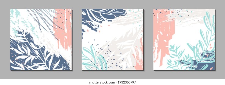 Abstract floral vector templates with organic shapes, plants. Set of trendy backgrounds for banners, covers, greeting cards, branding design. Natural illustrations with textures and graphic elements. 