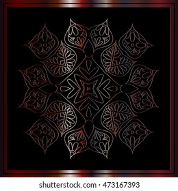 abstract floral vintage decor mandala of interlaced lines and dark brown frame on a black background