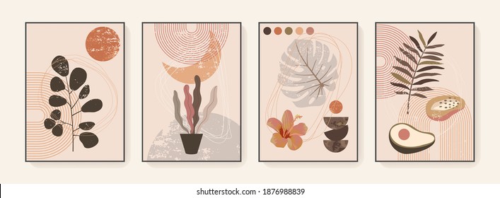 Abstract floral wall art prints. Boho art posters, covers, flyer templates. Fluid organic shapes, neutral colors. Bohemian exotic leaf prints. Mid Century Modern vintage vector tropical illustration