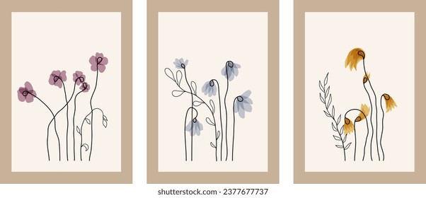 Abstract floral wall art. Set of minimal wall decor with yellow, blue and pink flowers, hand drawn graphic leaves. Season picture for wallpaper, cover and poster	