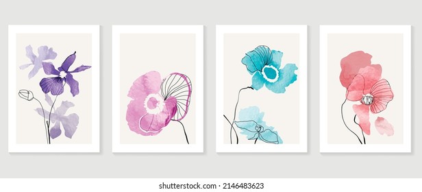 Abstract floral wall art template. Set of botanical hand drawn wall decoration with flowers, leaves, orchid flower. Watercolor texture design for wallpaper, banner, prints, interior, poster.