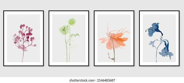 Abstract floral wall art template. Set of botanical hand drawn wall decoration with flowers, leaves, wildflower. Colorful watercolor texture design for wallpaper, banner, prints, interior, poster.