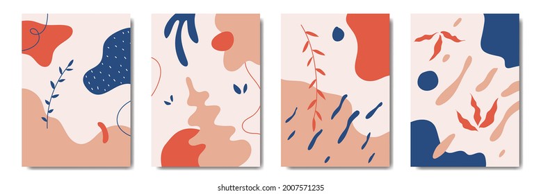 Abstract floral wall art vector set. A foliage line art drawing with abstract shape. Warm tropical plant art design for print, cover, wallpaper, Minimal, and natural wall art. Vector illustration.