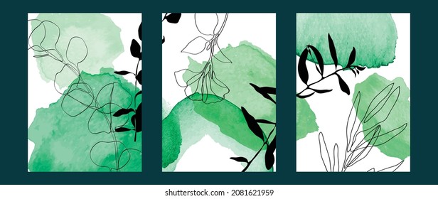 Abstract Floral Wall Arts Vector Collection. Watercolour Art Design With Green Brush Stoke And Botanical Lines Art, Wildflower And Leaf  Hand Paint Design For Wall Decor, Poster And Wallpaper.