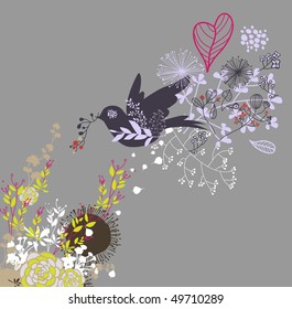 abstract floral wallpaper with bird