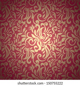 Abstract floral wallpaper, golden abstract floral pattern on red background