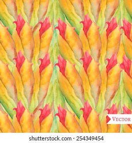 Abstract floral watercolor seamless background with tropical ginger flowers. 