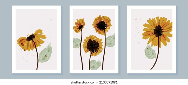 Resumen de la plantilla de arte de acuarela floral. Decoración de pared con girasol amarillo, hojas, follaje y flores en textura acuarela. Pintura de primavera para tapicería, cubierta y afiche.