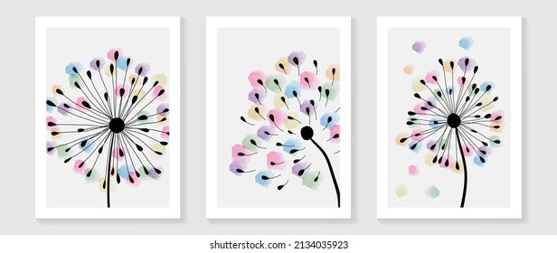 Abstract floral watercolor wall art template. Set of colorful wall decor with dandelion flower and floating seed in watercolor texture. Spring season line art painting for wallpaper, cover and poster.