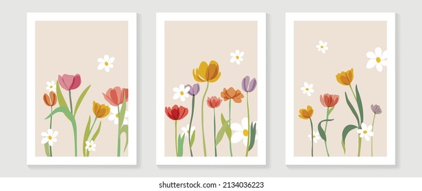 Abstract floral watercolor wall art template. Set of adorable wall decor with tulip flowers and white daisy in watercolor texture. Spring season art painting for wallpaper, cover and poster.