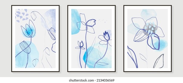 Abstract floral watercolor wall art template. Set of minimal wall decor with wild flowers, and leaves in blue watercolor texture. Spring season line art painting for wallpaper, cover and poster.