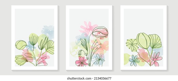 Abstract floral watercolor wall art template. Set of colorful wall decor with wild flowers, blooms and leaves in watercolor texture. Spring season line art painting for wallpaper, cover and poster.