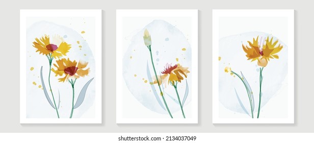 Abstract floral watercolor wall art template. Set of minimal wall decor with yellow flowers, blooms, and leaves in watercolor texture. Spring season painting for wallpaper, cover and poster.