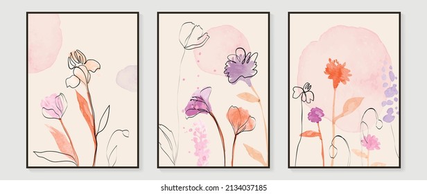 Abstract floral watercolor wall art template. Set of blossom wall decor with wild flowers, blooms and leaves in watercolor texture. Spring season line art painting for wallpaper, cover and poster.