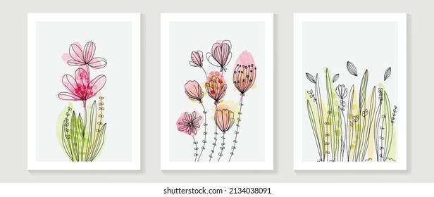 Abstract floral watercolor wall art template. Set of line art wall decor with wild flowers, leaves and grass in watercolor texture. Spring season art painting for wallpaper, cover and poster. - Shutterstock ID 2134038091