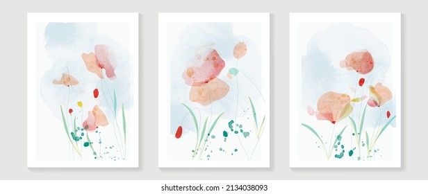 Abstract floral watercolor wall art template. Set of minimal wall decor with wild flowers, blooms, and leaves in watercolor texture. Spring season line art painting for wallpaper, cover and poster.