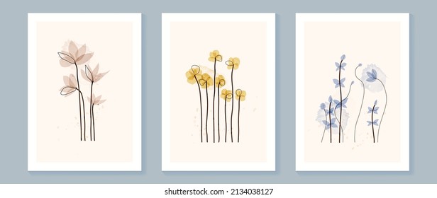 Abstract floral watercolor wall art template. Set of minimal wall decor with flowers, blooms, and leaves in watercolor texture. Spring season earth tone painting for wallpaper, cover and poster.