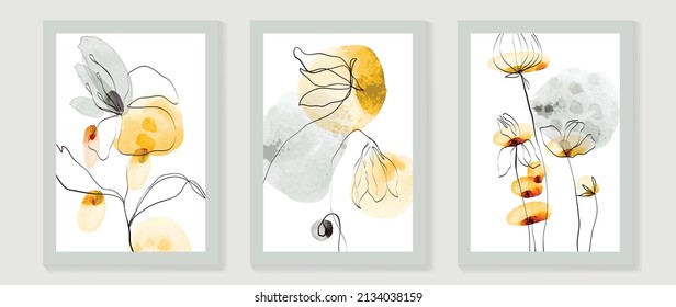 Abstract floral watercolor wall art template. Set of luxury wall decor with wild flowers, and leaves in golden watercolor texture. Spring season line art painting for wallpaper, cover and poster.