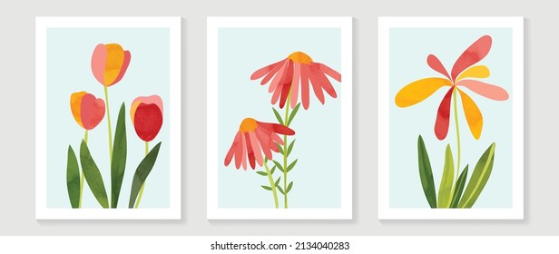 Abstract floral watercolor wall art template. Set of minimal wall decor with red tulip, flower, foliage and leaves in watercolor texture. Spring season art painting for wallpaper, cover and poster.