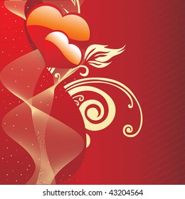 abstract floral, wave background with set of heart