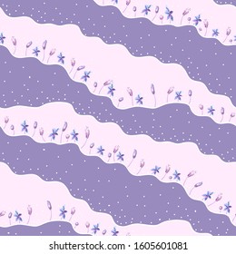 Abstract floral wavy striped vector seamless pattern. Small snowdrop flowers on purple and pink wavy lines. Cute spring background. Template for design, textile, wallpaper, wrapping, card.