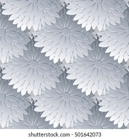 Abstract floral white vector seamless pattern background wallpaper illustration with decorative monochrome 3d flowers. .Modern decor elements with shadows and highlights.Endless luxury elegant texture