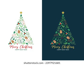 Abstract Floral and Winter twigs Christmas Tree. Christmas Ornament Tree Illustration Vector.