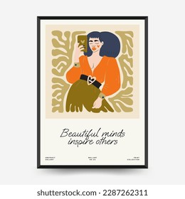 Abstract floral and women posters template. Modern trendy Matisse minimal style. Cute girl and fashion. Hand drawn design for wallpaper, wall decor, print, postcard, cover, template, banner. 