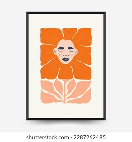 Abstract floral and women posters template. Modern trendy Matisse minimal style. Cute girl and fashion. Hand drawn design for wallpaper, wall decor, print, postcard, cover, template, banner. 