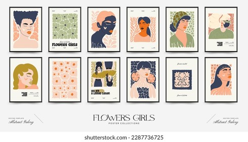 Abstract floral and women posters template. Modern trendy Matisse minimal style. Cute girl and fashion. Hand drawn design for wallpaper, wall decor, print, postcard, cover, template, banner. 