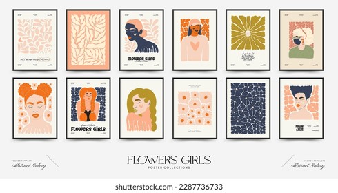 Abstract floral and women posters template. Modern trendy Matisse minimal style. Cute girl and fashion. Hand drawn design for wallpaper, wall decor, print, postcard, cover, template, banner. 