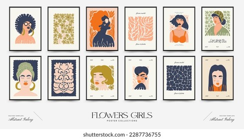 Abstract floral and women posters template. Modern trendy Matisse minimal style. Cute girl and fashion. Hand drawn design for wallpaper, wall decor, print, postcard, cover, template, banner. 